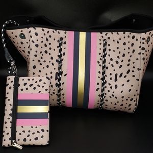 Neoprene Large Tote Bag with Pouch in Beige Cheetah Stripe